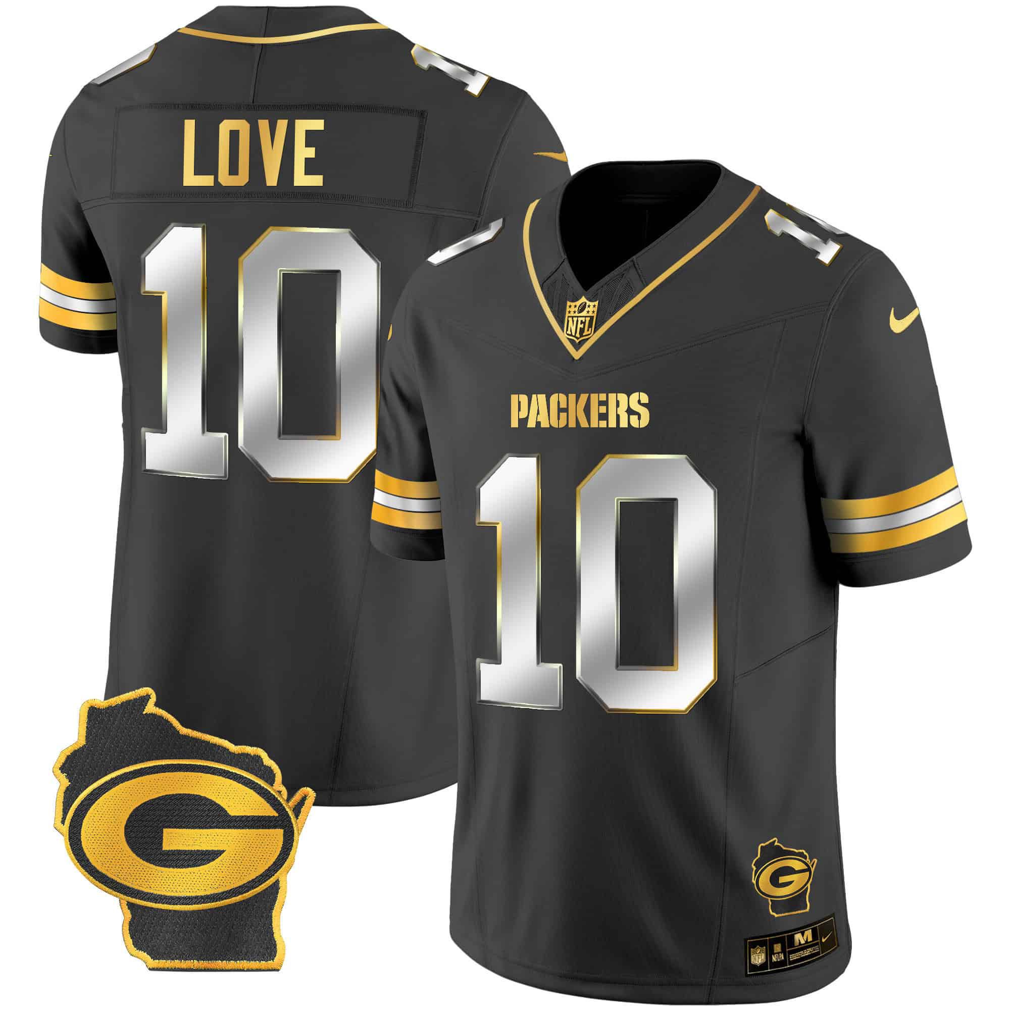 Men Green Bay Packers 10 Love Black Gold 2024 Nike Home Patch Vapor NFL Jersey style 1